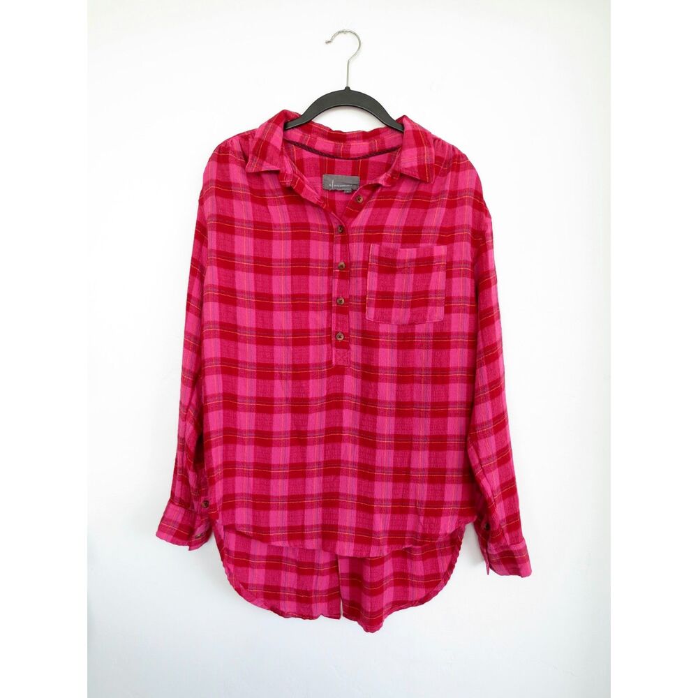 Anthropologie Isadora Pink Plaid Button Back Tunic Flannel Top Sz Small